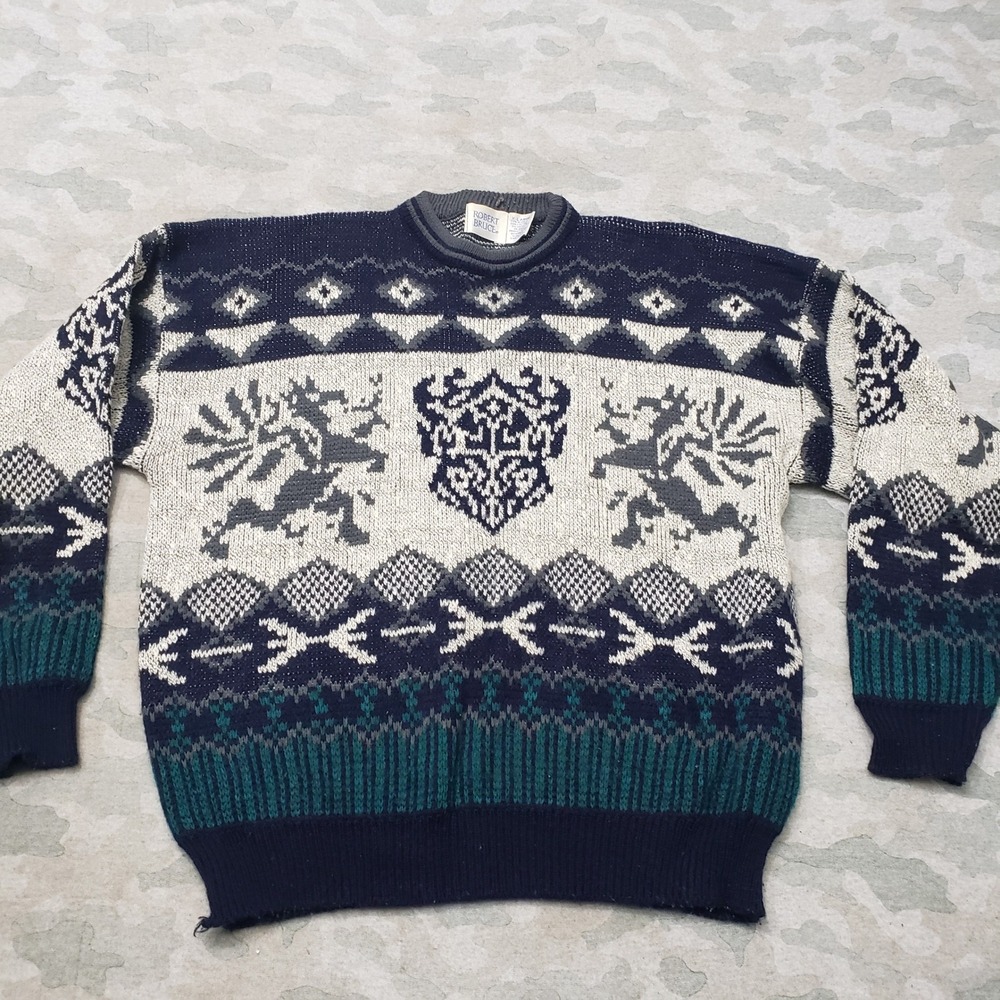 Vintage Robert Bruce Sweater Men XL Blue Fair Isle Knit Pullover Crew Neck Crest
